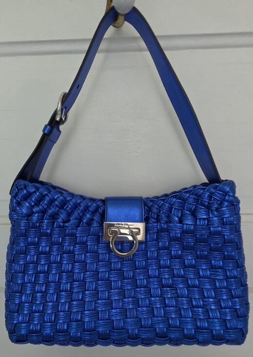 Salvatore Ferragamo Handbags - Salvatore Ferragamo Metallic Blue Leather Shoulder Bag Gancini Silver HW w/COA